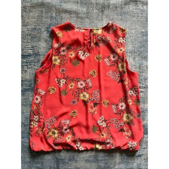 Liz Claiborne Coral Floral Pleated Neck Bubble Hem Blouse Large - Picture 2 of 4
